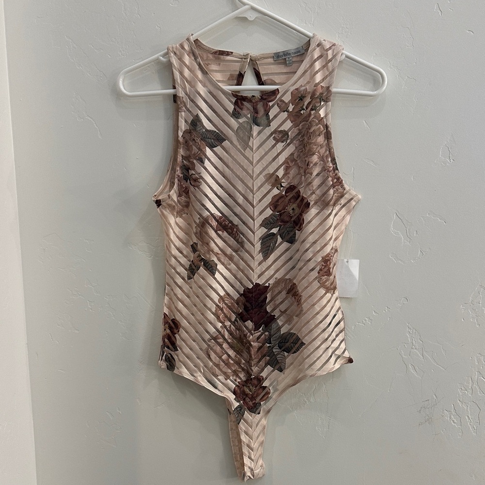 Charlotte Russe Striped Floral Bodysuit - Cream and Brown
